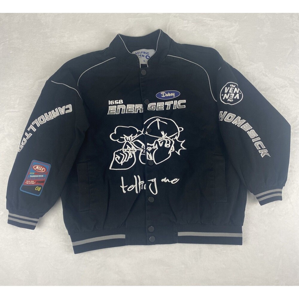 Aelfric Eden Energetic Graphic Racing Bomber Jacket Mens Medium Black Snap On